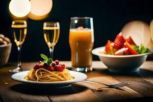 a table with two glasses of champagne and a plate of spaghetti. AI-Generated photo