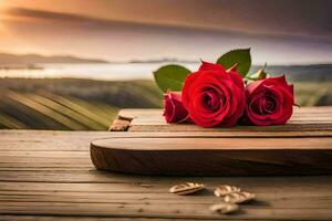 roses on a wooden board with a sunset in the background. AI-Generated photo