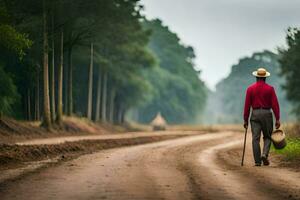a man walking down a dirt road with a cane. AI-Generated photo