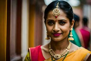 un mujer en un tradicional sari con joyas. generado por ai foto