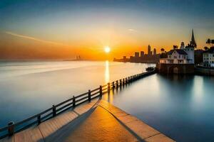 el Dom sube terminado un ciudad horizonte y un muelle. generado por ai foto