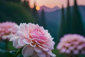 pink flowers in the foreground with mountains in the background. AI-Generated photo