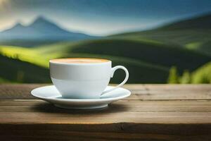 coffee cup on the table in the mountains. AI-Generated photo
