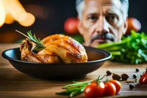 un hombre es mirando a un plato de comida con un pollo. generado por ai foto