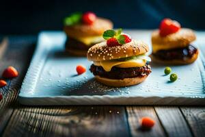 small hamburgers with cheese and strawberries on a plate. AI-Generated photo