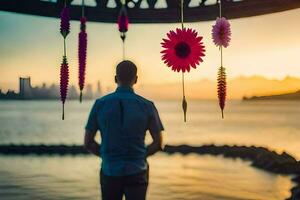 un hombre en pie en frente de un puente con flores colgando desde él. generado por ai foto