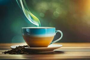 coffee cup with steam on a wooden table. AI-Generated photo