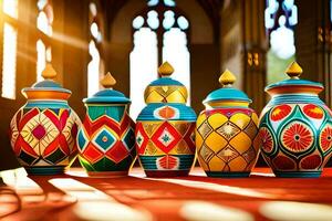 five colorful ceramic urns on a red table. AI-Generated photo