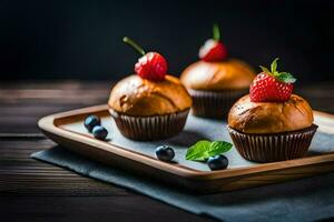 three cupcakes with strawberries on top of them. AI-Generated photo