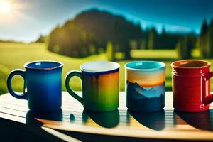 five colorful coffee mugs sitting on a table. AI-Generated photo