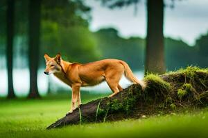 a red fox standing on a log in the grass. AI-Generated photo