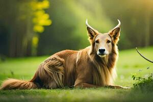 a dog with long hair sitting in the grass. AI-Generated photo