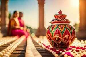 a colorful pot sitting on a wooden table with a woman sitting in the background. AI-Generated photo