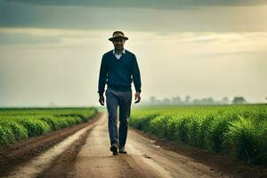 a man walking down a dirt road in a field. AI-Generated photo