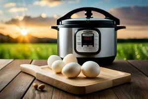 an instant pot and eggs on a cutting board. AI-Generated photo