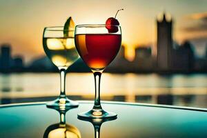 two glasses of wine with a cherry on the table in front of a city skyline. AI-Generated photo