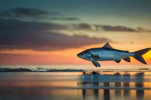 un pescado es saltando fuera de el agua a puesta de sol. generado por ai foto