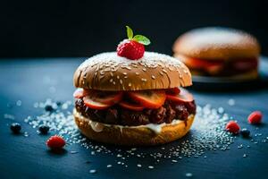 un hamburguesa con fresas y crema en cima. generado por ai foto