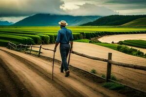 a man walking along a dirt road with a cane. AI-Generated photo