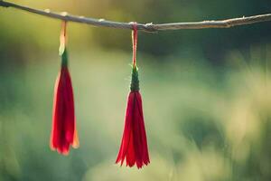 red tassels hanging from a branch. AI-Generated photo