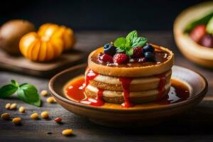 a stack of pancakes with berries and syrup. AI-Generated photo