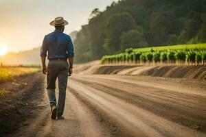 a man in a hat walks down a dirt road. AI-Generated photo