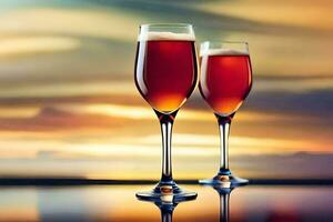 two glasses of red wine on a table with a sunset in the background. AI-Generated photo