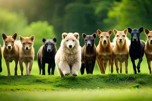 un grupo de perros corriendo en un campo. generado por ai foto