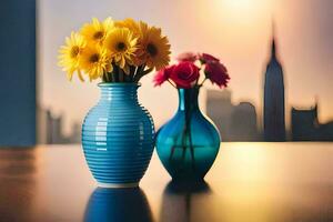 two vases with flowers on a table in front of a city skyline. AI-Generated photo