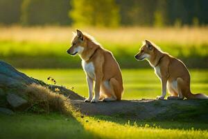 two dogs sitting on a rock in the grass. AI-Generated photo