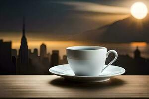 a cup of coffee on a wooden table with a cityscape in the background. AI-Generated photo