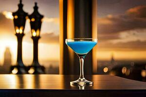 a blue cocktail sits on a table in front of a city skyline. AI-Generated photo