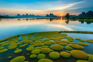 the sunrise over the li river in yangshuo, china. AI-Generated photo