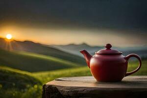 a red teapot on a wooden stump in the middle of a field. AI-Generated photo