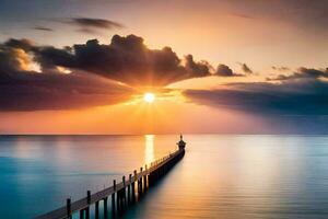 a pier with the sun setting over the ocean. AI-Generated photo