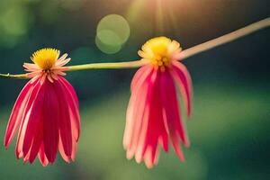 dos rosado flores son en un rama con luz de sol. generado por ai foto