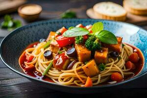 spaghetti with tofu and vegetables in a blue bowl. AI-Generated photo