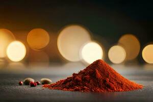 a pile of spices on a table with blurred lights. AI-Generated photo