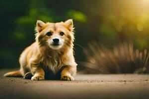 a dog sitting on the ground in the sun. AI-Generated photo