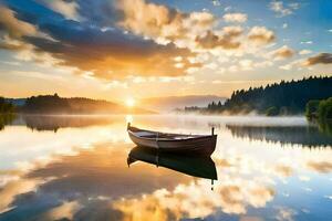 un barco es flotante en un lago a puesta de sol. generado por ai foto