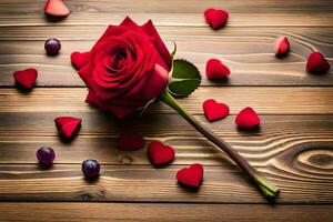 el Rosa es rodeado por corazones y rojo pétalos en un de madera antecedentes. generado por ai foto