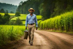 a man walking down a dirt road with a bucket. AI-Generated photo