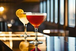 two cocktails sit on a bar with a window in the background. AI-Generated photo