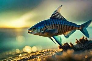 a fish is standing on the beach at sunset. AI-Generated photo