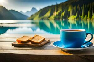 un taza de té y un rebanada de un pan en un de madera mesa en frente de un lago. generado por ai foto