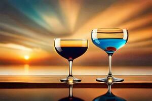 two glasses of wine on a table with sunset in the background. AI-Generated photo