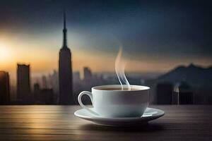 a cup of coffee on a wooden table with a cityscape in the background. AI-Generated photo