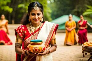 a woman in traditional indian attire holding a pot. AI-Generated photo