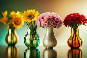 four colorful vases with flowers in them. AI-Generated photo