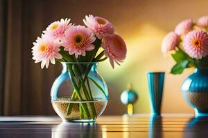 pink flowers in a vase on a table. AI-Generated photo